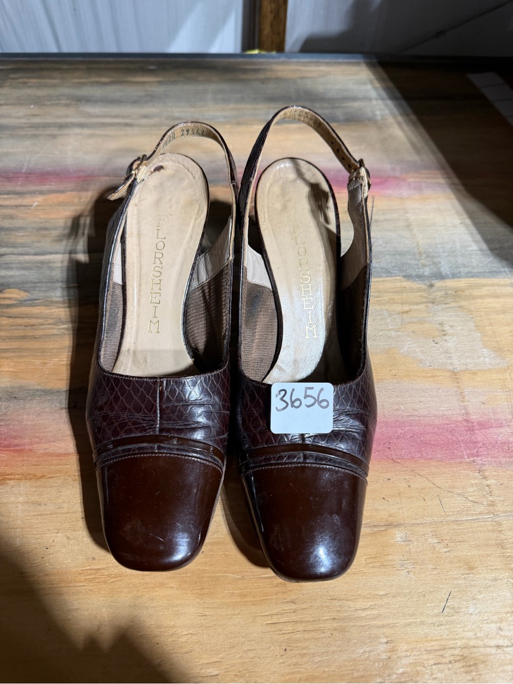 #3656-Florsheim Women’s Brown Croc-Embossed Leather Slingback Heels